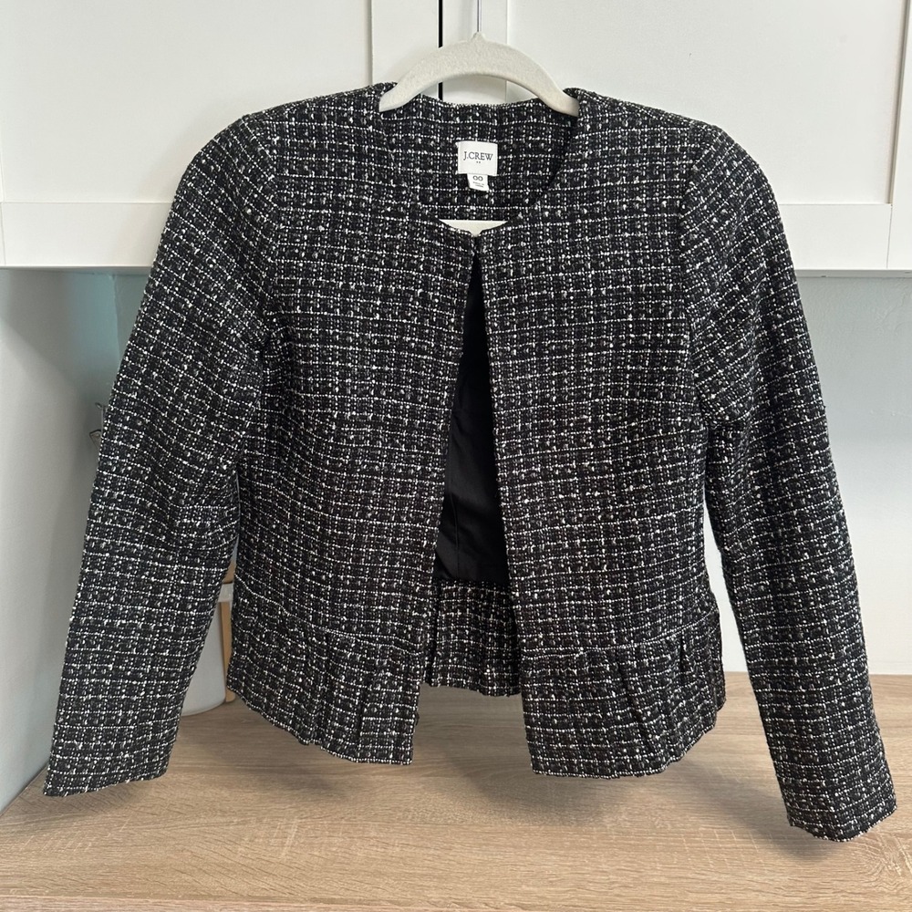 J.Crew Tweed Jacket Womens 00 Black White Peplum Hem Collarless Blazer Textured